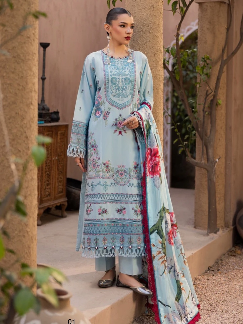 Light Blue Floral Embroidered Lawn Suit with Matching Dupatta